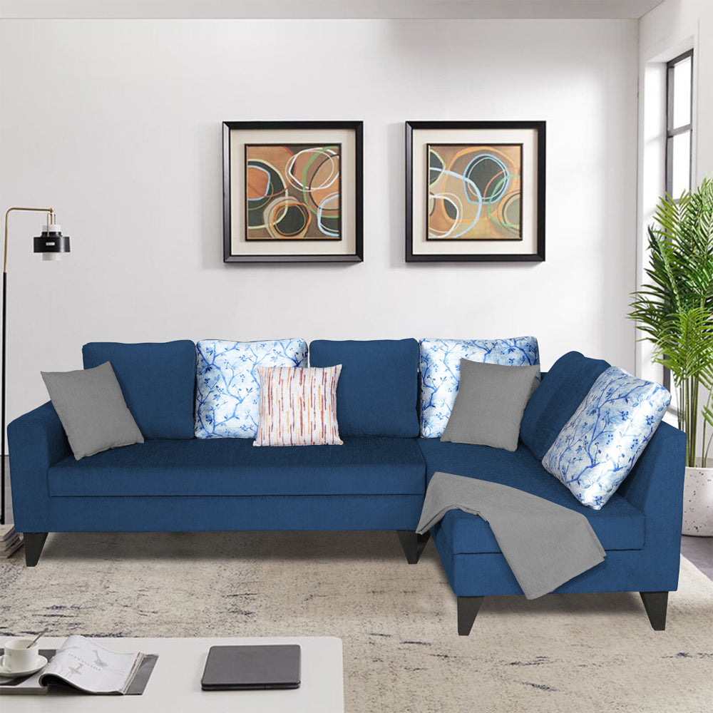 Adorn India Bryson L Shape 6 Seater Sofa Set Digitel Print (Right Hand Side) (Blue) (3 Year Warranty)