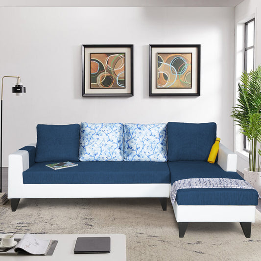 Adorn India Ashley Leatherette Fabric L Shape 6 Seater Sofa Set Digitel Print (Right Hand Side) (Blue & White)
