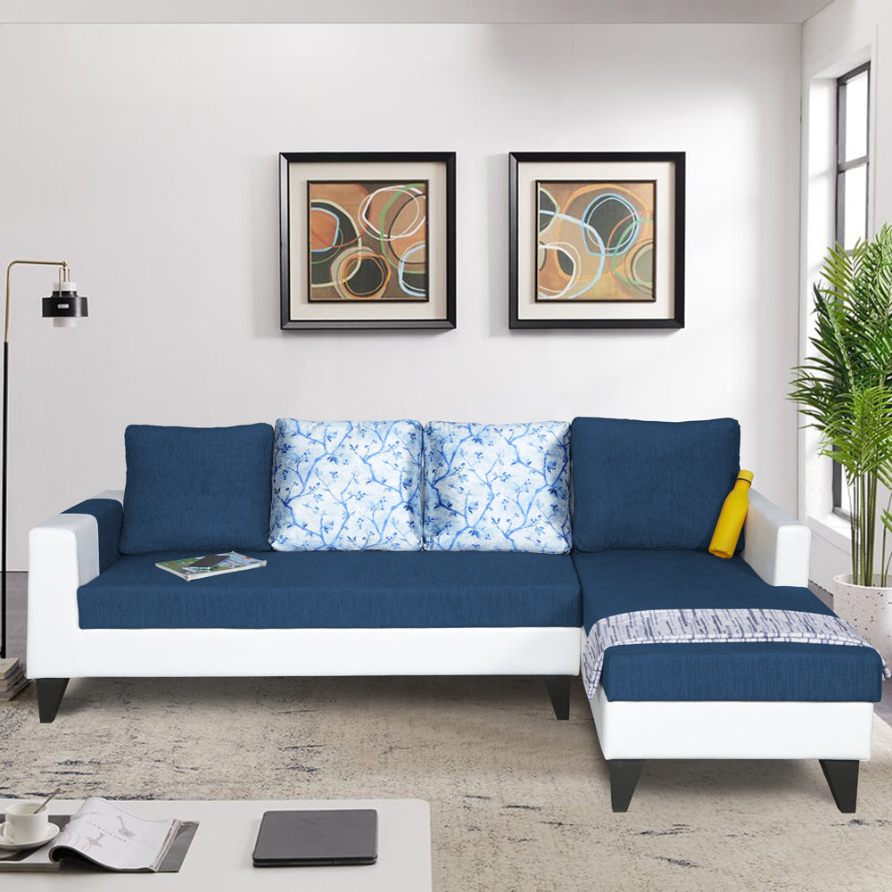Adorn India Ashley Leatherette Fabric L Shape 6 Seater Sofa Set Digitel Print (Right Hand Side) (Blue & White) (3 Year Warranty)