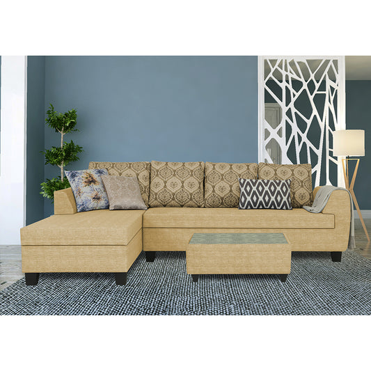 Adorn India Raiden Damask L Shape 6 Seater Sofa Set with Center Table (Left Hand Side) (Beige) (3 Year Warranty)