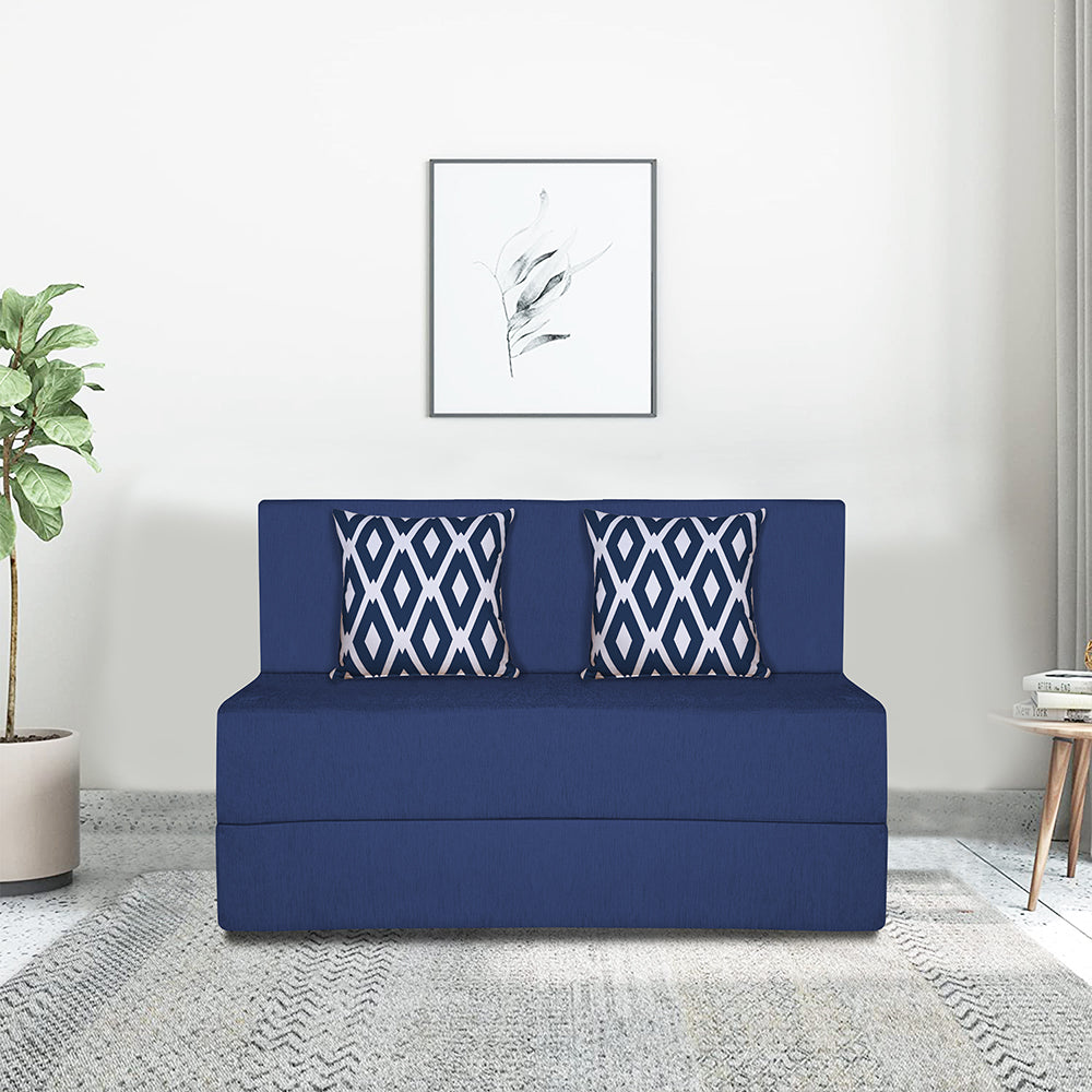 Adorn India Easy 2 Seater Sofa Cum Bed (Rhombus Pattern) Chennile Fabric - Washable Cover - Including 2 Cushion - Size 4' x 6' Ft (Blue Color) Perfect for Home & Office for Guests