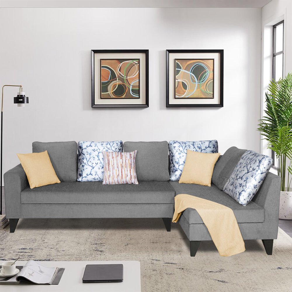 Adorn India Bryson L Shape 6 Seater Sofa Set Digitel Print (Right Hand Side) (Grey) (3 Year Warranty)