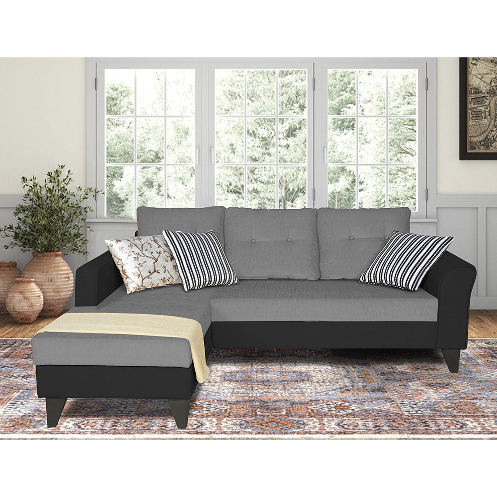 Adorn India Maddox L Shape 4 Seater Sofa Set Tufted Two Tone LHS (Grey & Black) (3 Year Warranty)