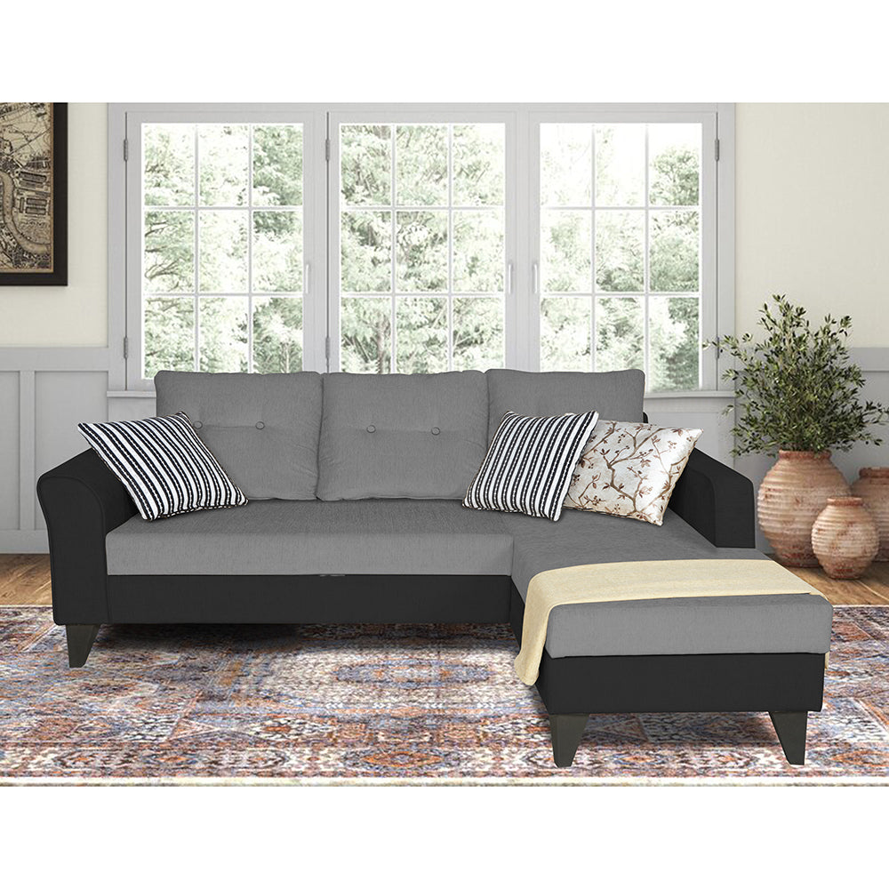 Adorn India Maddox Tufted L Shape 4 Seater Sofa Set RHS (Grey & Black) (3 Year Warranty)