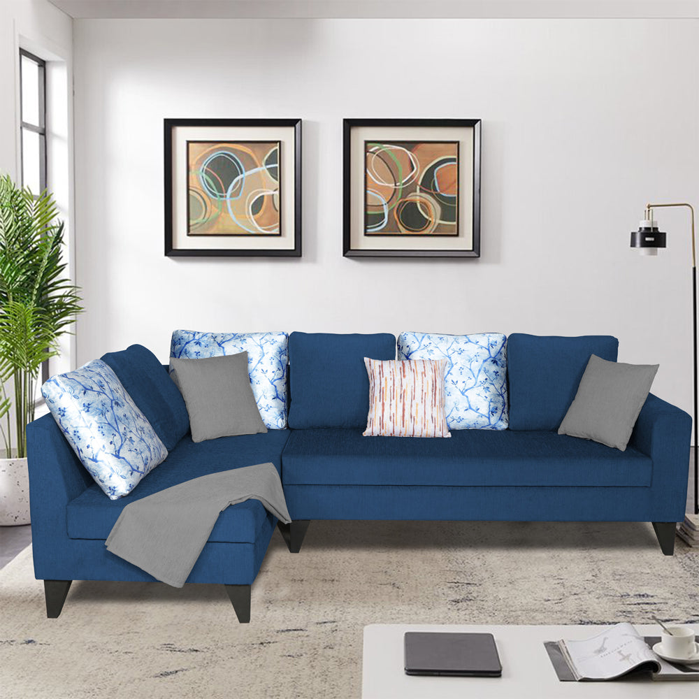 Adorn India Bryson L Shape 6 Seater Sofa Set Digitel Print (Left Hand Side) (Blue) (3 Year Warranty)