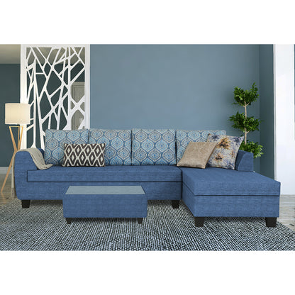 Adorn India Raiden Damask L Shape 6 Seater Sofa Set with Center Table (Right Hand Side) (Blue)