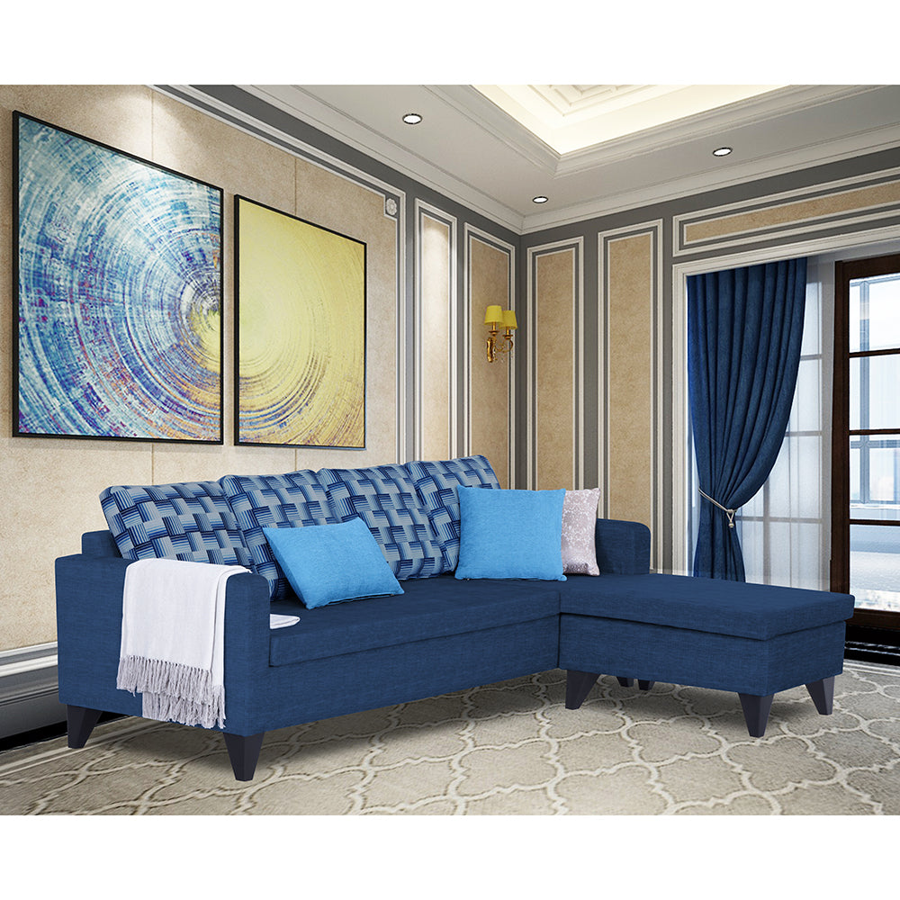 Adorn India Calloway Bricks L Shape 5 Seater Sofa Set (Right Hand Side) (Blue)