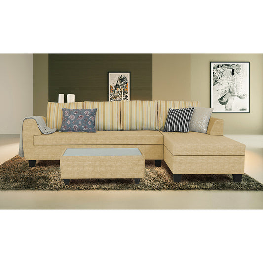 Adorn India Raiden Stripes L Shape 6 Seater Sofa Set with Center Table (Right Hand Side) (Beige)