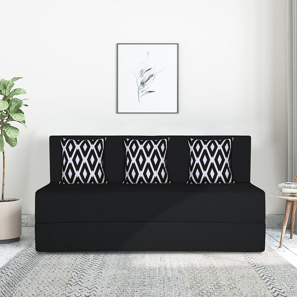 Adorn India Easy 3 Seater Sofa Cum Bed (Rhombus Pattern) Chennile Fabric - Washable Cover - Including 3 Cushion - Size 5' x 6' Ft (Black Color) Perfect for Home & Office for Guests