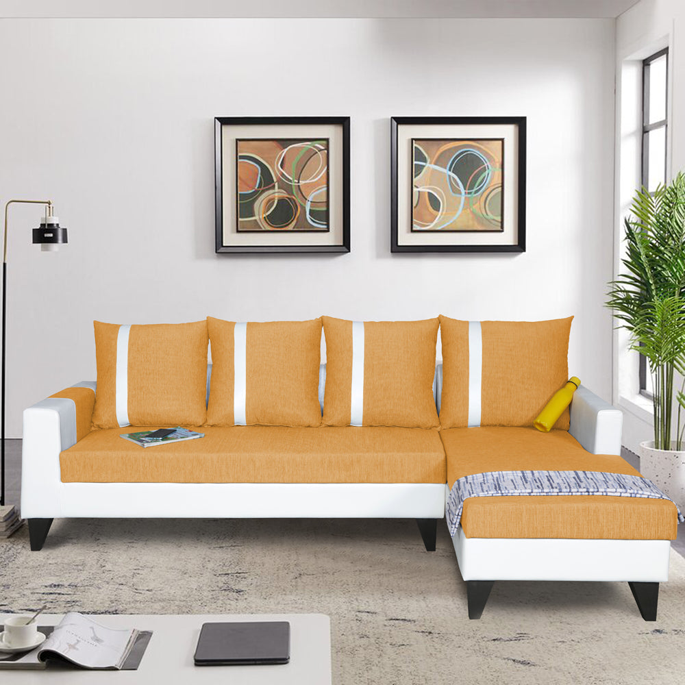 Adorn India Ashley Leatherette Fabric L Shape 6 Seater Sofa Set Stripes (Right Hand Side) (Beige & White) (3 Year Warranty)