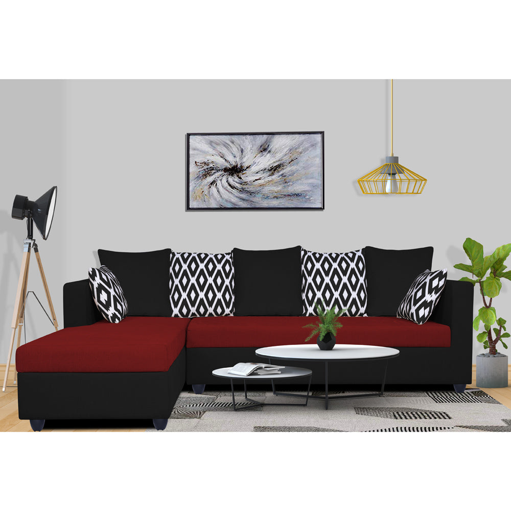 Adorn India Zink Straight line L Shape 6 Seater Sofa Rhombus Cushion (Left Side Handle)(Maroon & Black)