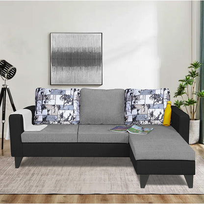 Adorn India Hallton L Shape 4 Seater Sofa Set Digital Print (Black & Grey)