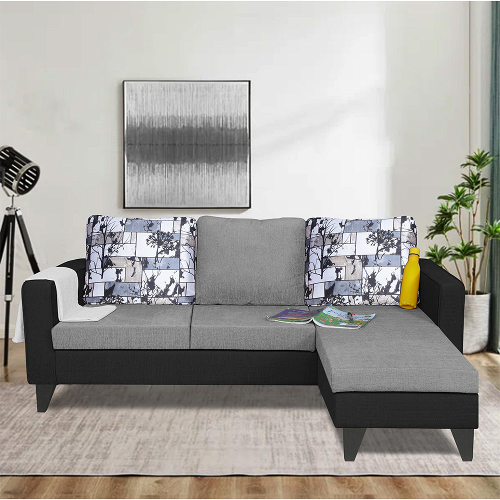 Adorn India Hallton L Shape 4 Seater Sofa Set Digital Print (Black & Grey) (3 Year Warranty)