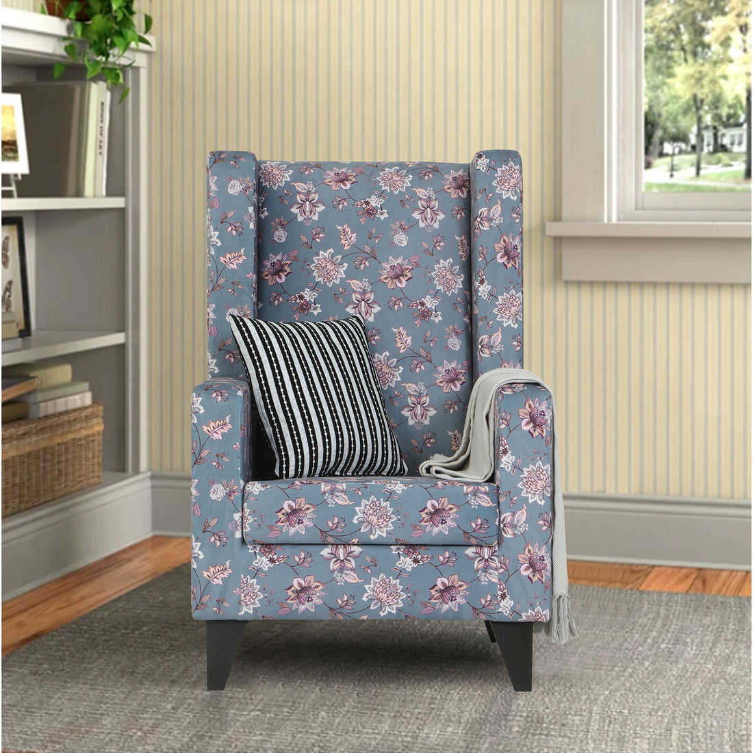 Adorn India Christopher 1 Seater Wing Chair Floral Print (Grey)