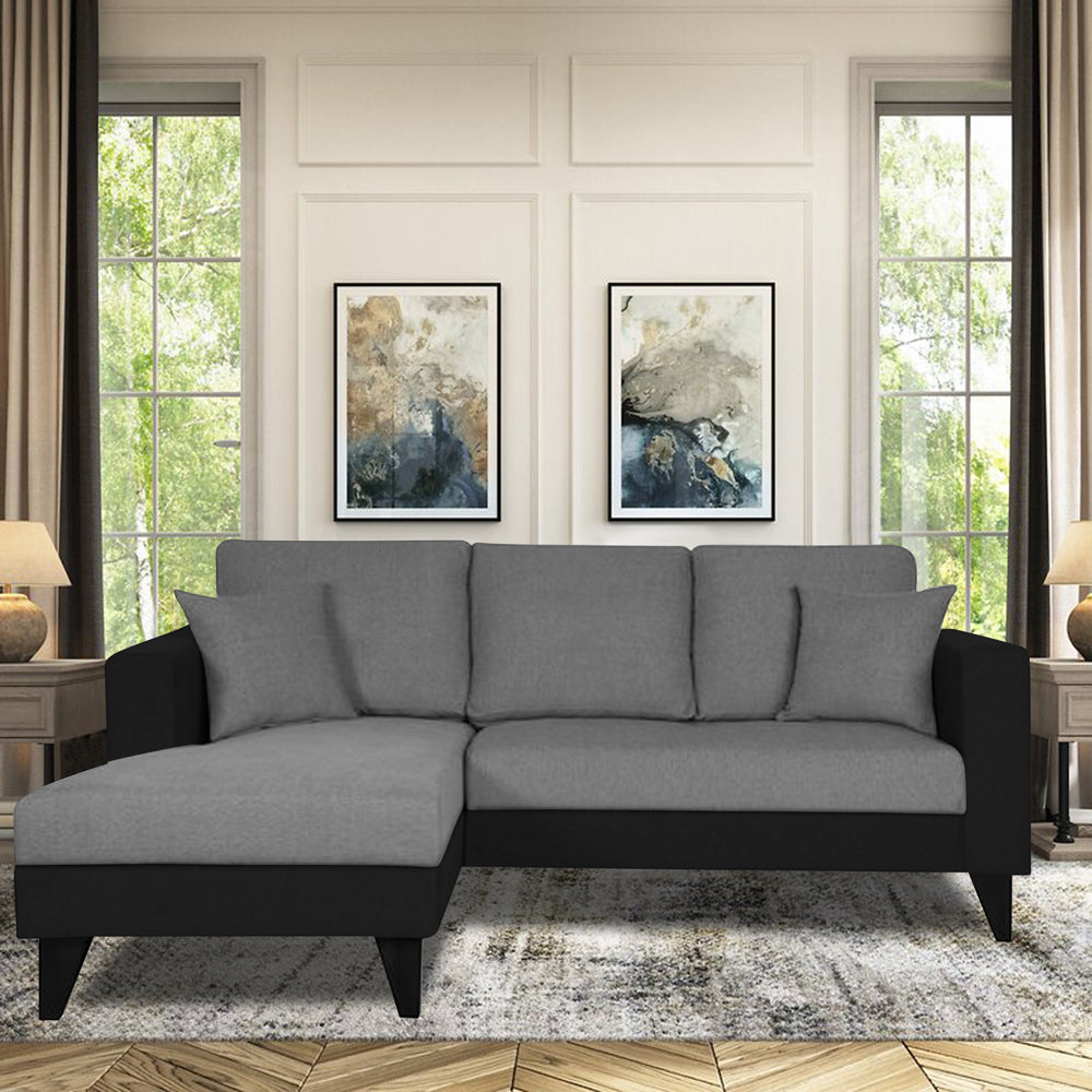 Adorn India Martin L Shape 4 Seater Sofa Set Two Tone - Left Hand Side (Grey & Black) (3 Year Warranty)