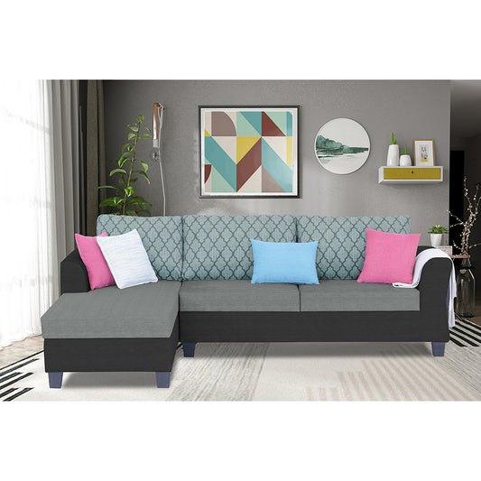 Adorn India Alexia Plus L Shape 5 Seater Sofa Set Blossom (Left Hand Side) (Grey & Black)