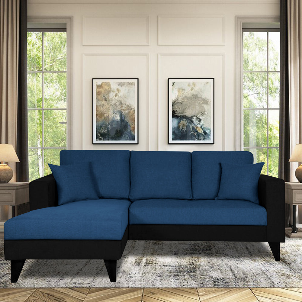Adorn India Martin L Shape 4 Seater Sofa Set Two Tone Left Hand Side (Blue & Black) (3 Year Warranty)