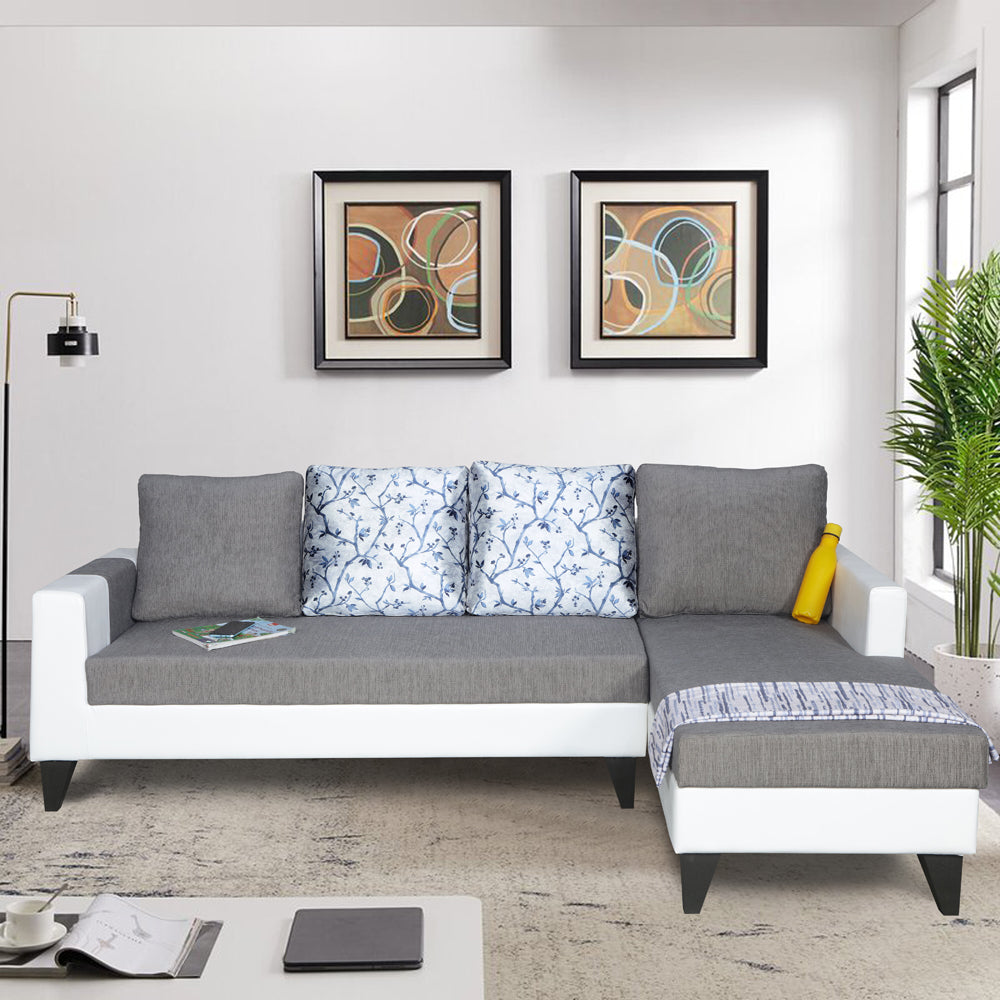 Adorn India Ashley Leatherette Fabric L Shape 6 Seater Sofa Set Digitel Print (Right Hand Side) (Grey & White) (3 Year Warranty)