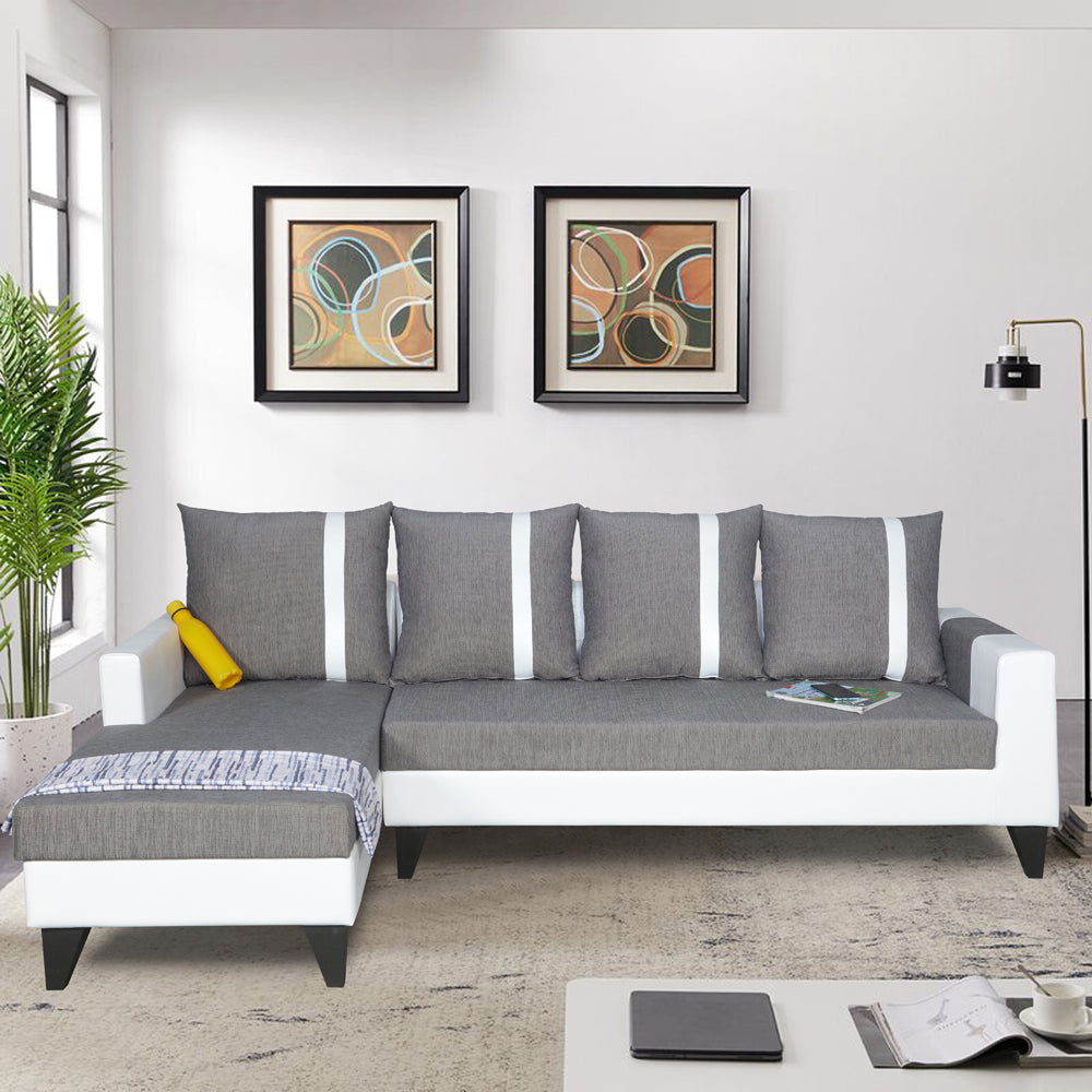 Adorn India Ashley Leatherette Fabric L Shape 6 Seater Sofa Set Stripes (Left Hand Side) (Grey & White) (3 Year Warranty)