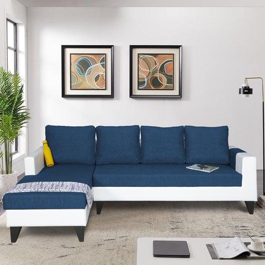 Adorn India Ashley Leatherette Fabric L Shape 6 Seater Sofa Set Plain (Left Hand Side) (Blue & White)