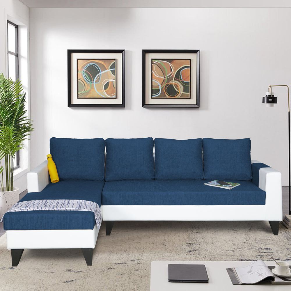 Adorn India Ashley Leatherette Fabric L Shape 6 Seater Sofa Set Plain (Left Hand Side) (Blue & White) (3 Year Warranty)