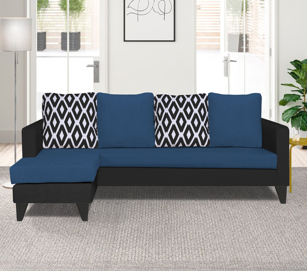 Adorn India Beetle L Shape 5 Seater Sofa Set Rhombus (Left Hand Side) (Blue & Black)