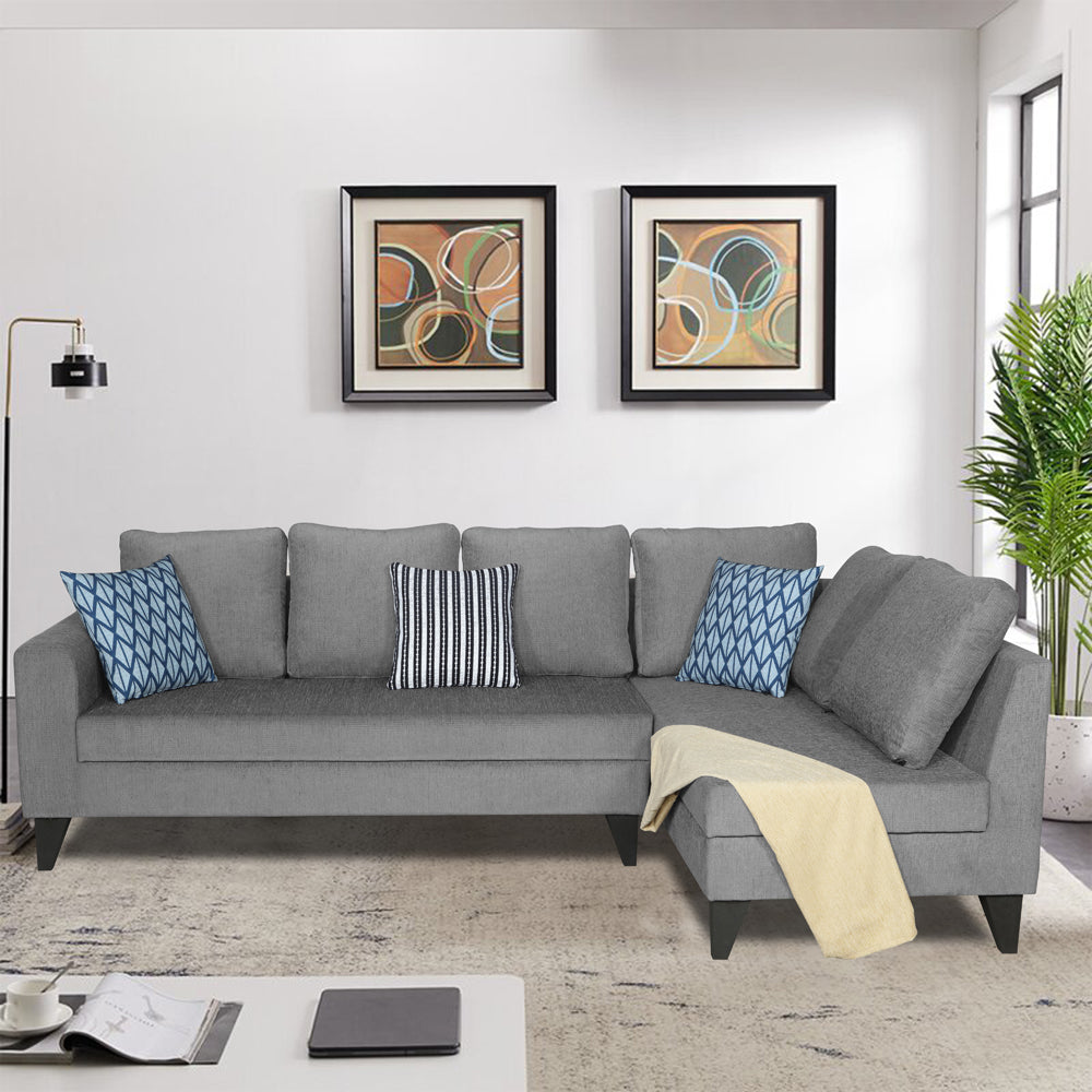 Adorn India Bryson L Shape 6 Seater Sofa Set Plain (Right Hand Side) (Grey)