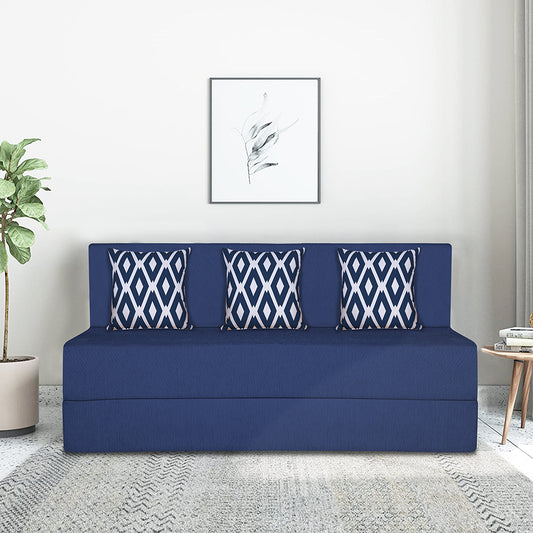Adorn India Easy 3 Seater Sofa Cum Bed (Rhombus Pattern) Chennile Fabric - Washable Cover - Including 3 Cushion - Size 5' x 6' Ft (Blue Color) Perfect for Home & Office for Guests
