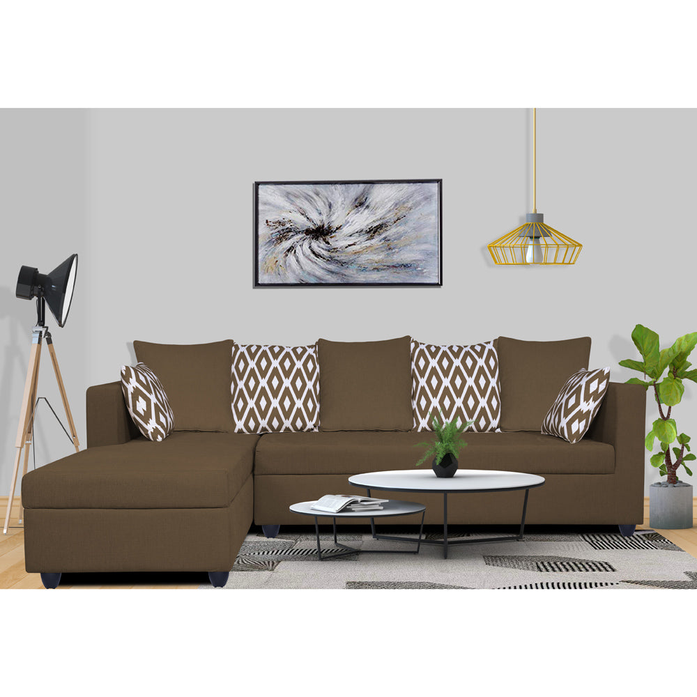 Adorn India Zink Straight line L Shape 6 Seater Sofa Rhombus Cushion (Left Side Handle)(Brown)