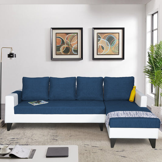 Adorn India Ashley Leatherette Fabric L Shape 6 Seater Sofa Set Plain (Right Hand Side) (Blue & White)