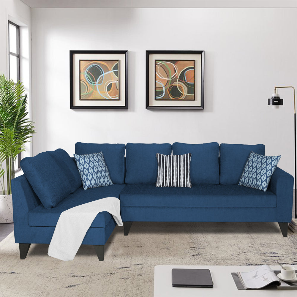 Adorn India Bryson L Shape 6 Seater Sofa Set Plain (Left Hand Side) (Blue) (3 Year Warranty)