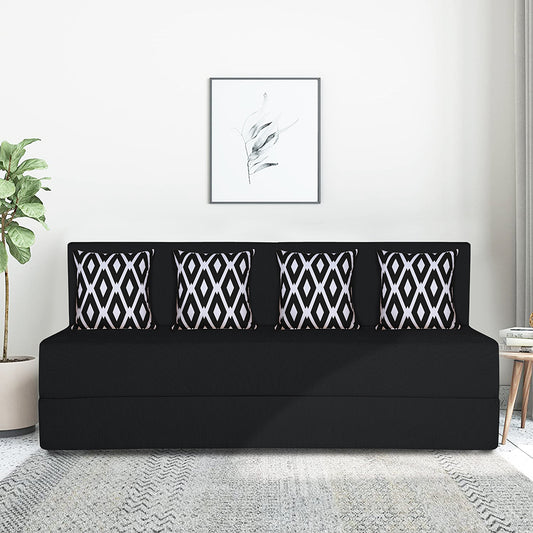 Adorn India Easy 4 Seater Sofa Cum Bed (Rhombus Pattern) Chennile Fabric - Washable Cover - Including 4 Cushion - Size 6' x 6' Ft (Black Color) Perfect for Home & Office for Guests