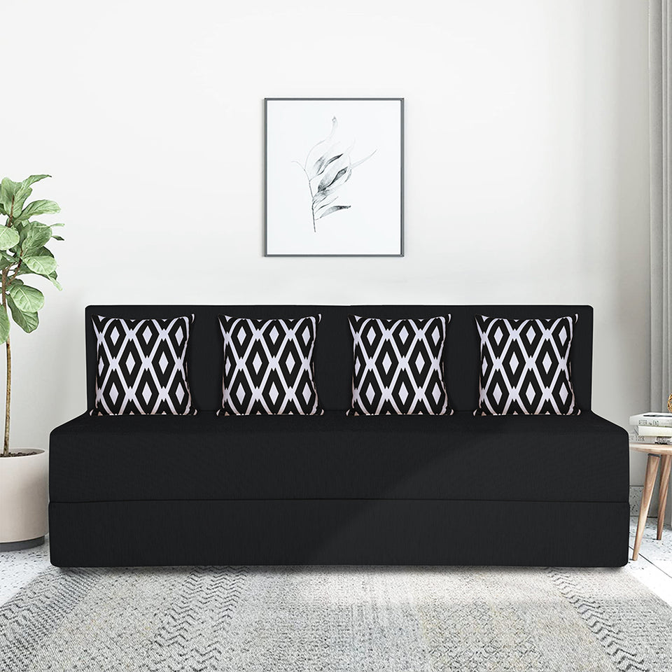4 Seater Sofa Cum Bed Easy (Rhombus Pattern) Chennile Fabric - - Including 4 Cushion - Size 6x6 (Black Color)