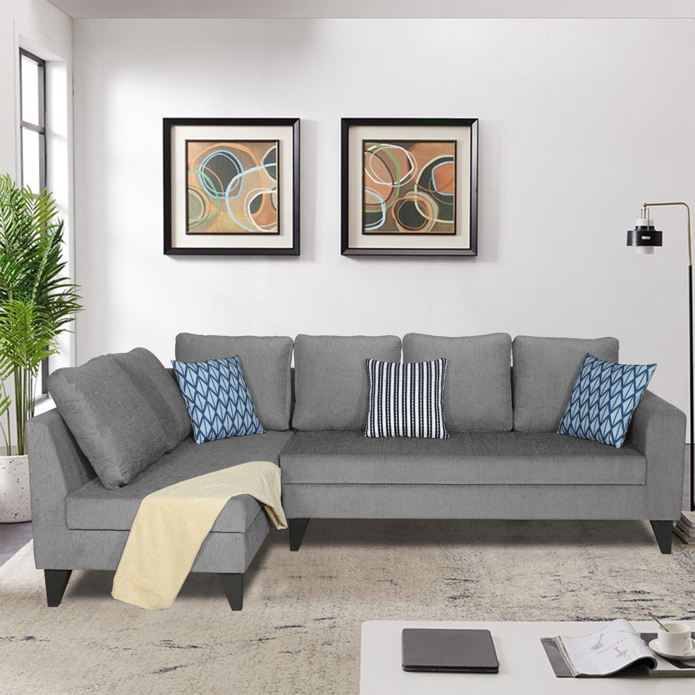 Adorn India Bryson L Shape 6 Seater Sofa Set Plain (Left Hand Side) (Grey) (3 Year Warranty)