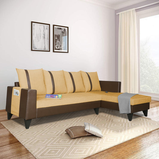 Adorn India Ashley L Shape 5 Seater Sofa Set Leatherette Fabric Stripes (Right Hand Side) (Brown & Beige)