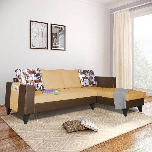 Adorn India Ashley L Shape 5 Seater Sofa Set Leatherette Fabric Digitel Print (Right Hand Side) (Brown & Beige)