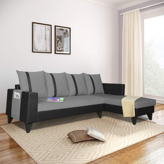 Adorn India Ashley L Shape 5 Seater Sofa Set Leatherette Fabric Stripes (Right Hand Side) (Grey & Black)