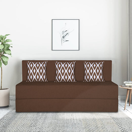 Adorn India Easy 3 Seater Sofa Cum Bed (Rhombus Pattern) Chennile Fabric - Washable Cover - Including 3 Cushion - Size 5' x 6' Ft (Brown Color) Perfect for Home & Office for Guests
