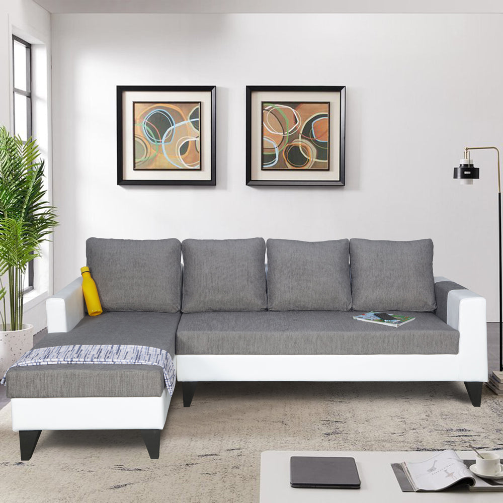 Adorn India Ashley Leatherette Fabric L Shape 6 Seater Sofa Set Plain (Left Hand Side) (Grey & White) (3 Year Warranty)