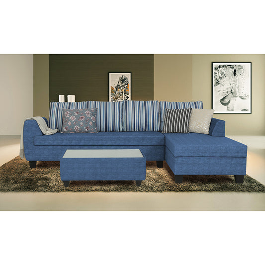 Adorn India Raiden Stripes L Shape 6 Seater Sofa Set with Center Table (Right Hand Side) (Blue)