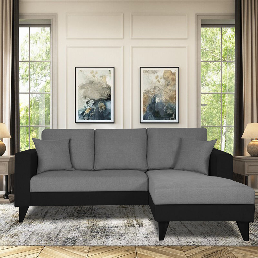 Adorn India Martin L Shape 4 Seater Sofa Set Two Tone (Right Hand Side) (Grey & Black) (3 Year Warranty)