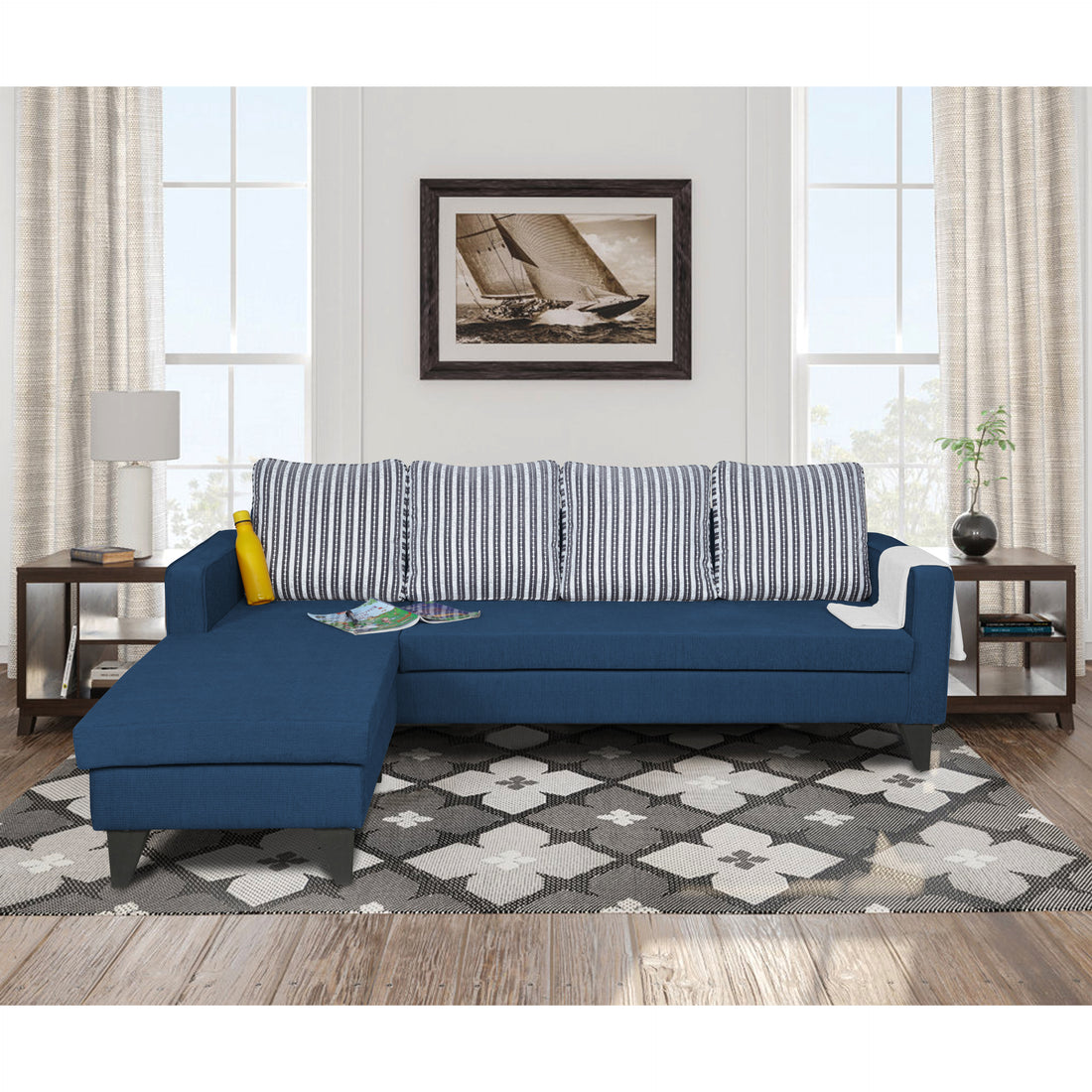 Adorn India Chandler Stripes L Shape 5 Seater Sofa Set LHS (Blue) (3 Year Warranty)
