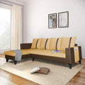 Adorn India Ashley L Shape 6 Seater Sofa Set Leatherette Fabric Stripes (Left Hand Side) (Brown & Beige) (3 Year Warranty)