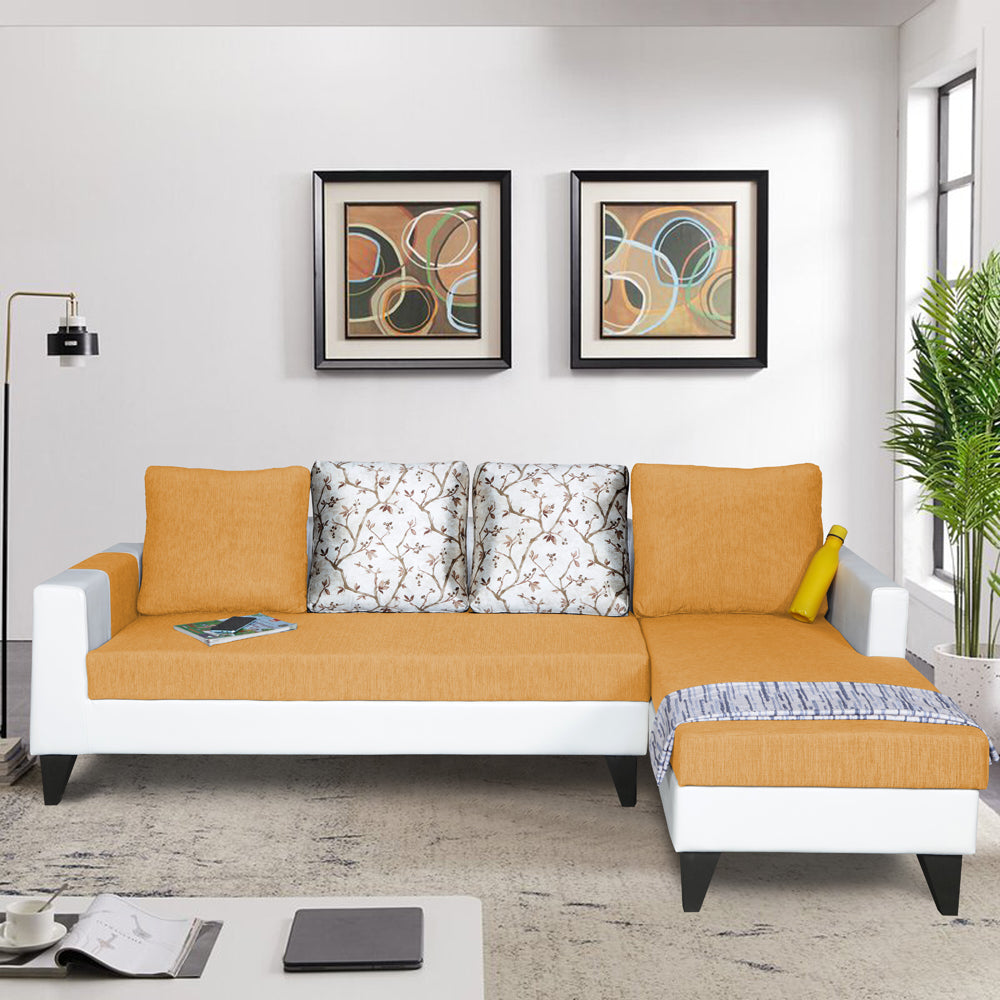 Adorn India Ashley Leatherette Fabric L Shape 6 Seater Sofa Set Digitel Print (Right Hand Side) (Beige & White) (3 Year Warranty)