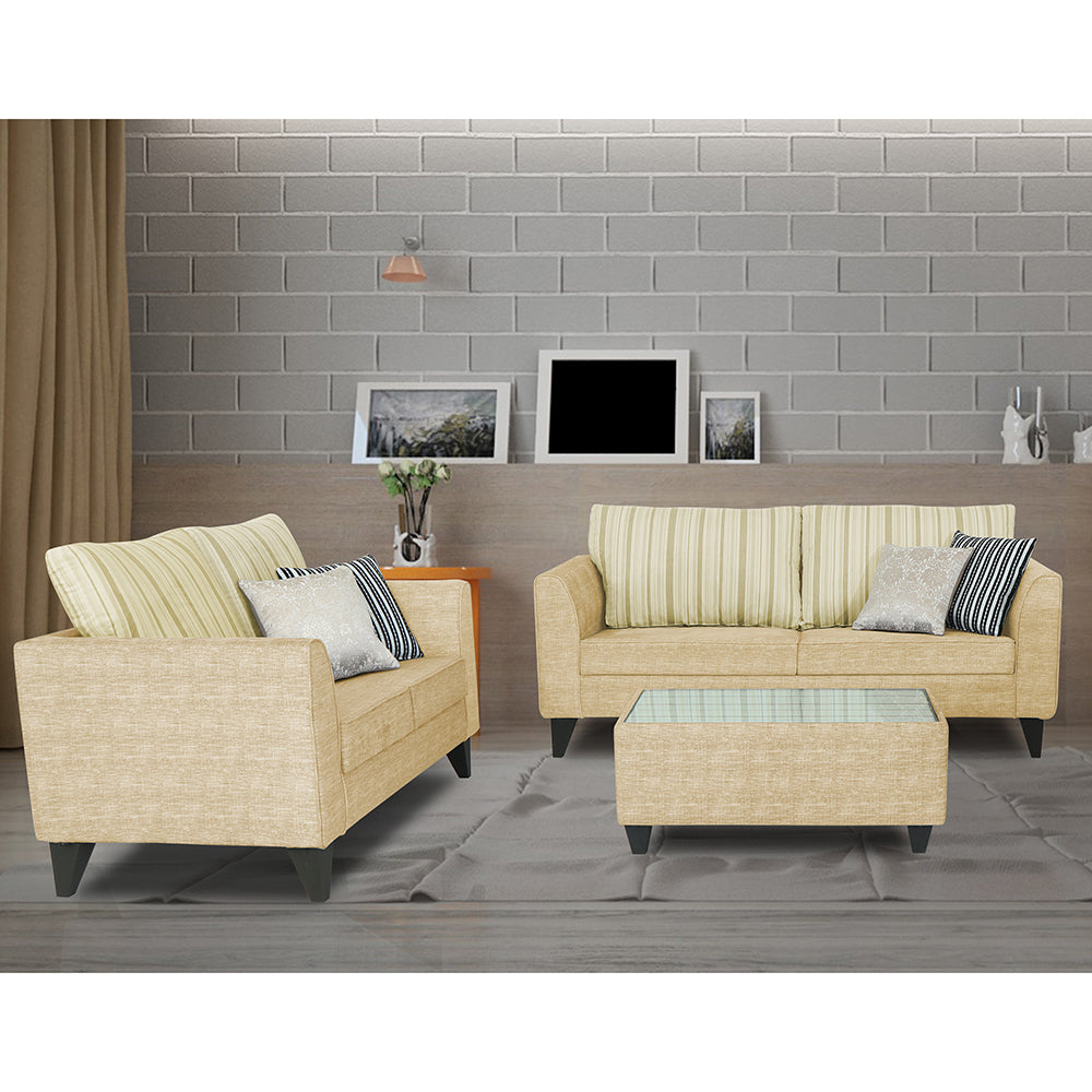 Adorn India Lawson Stripes 3+2 5 Seater Sofa Set with Centre Table (Beige)