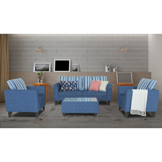 Adorn India Lawson Stripes 3+1+1 5 Seater Sofa Set with Centre Table (Blue)