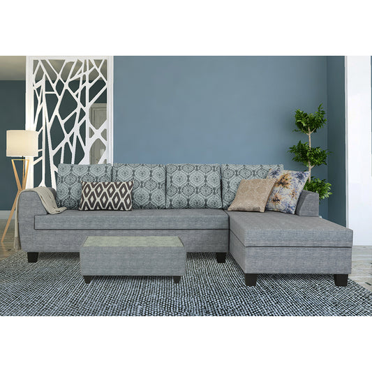 Adorn India Raiden Damask L Shape 6 Seater Sofa Set with Center Table (Right Hand Side) (Grey) (3 Year Warranty)