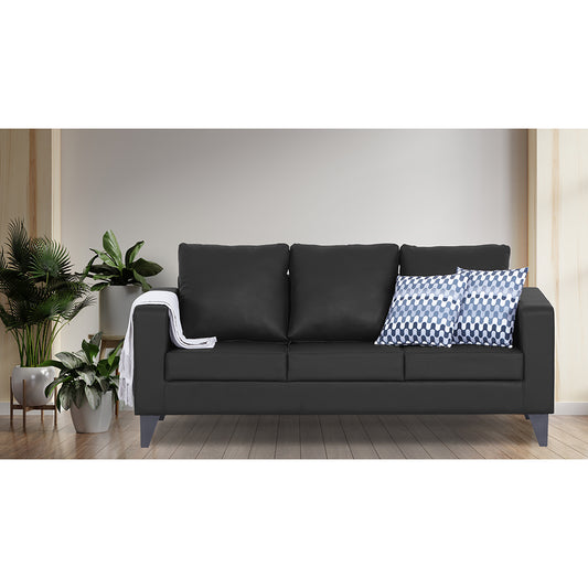 Adorn India Straight line Plus Leatherette 3 Seater Sofa (Black)