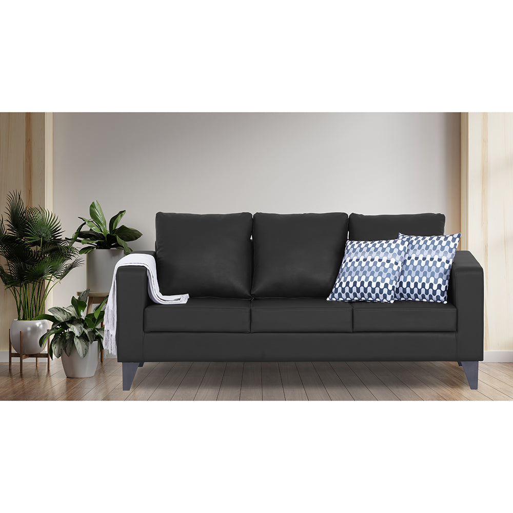Adorn India Straight line Plus Leatherette 3 Seater Sofa (Black) (3 Year Warranty)