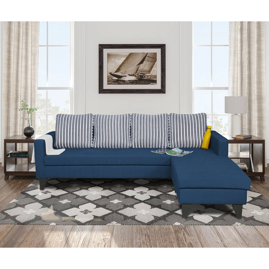 Adorn India Chandler Stripes L Shape 5 Seater Sofa Set RHS (Blue) (3 Year Warranty)